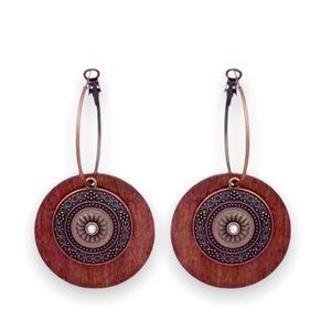 New Woman’s Bohemian Wood Rose Bronze Hoop Dangle Earrings